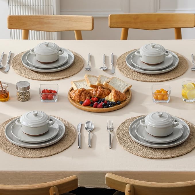 MALACASA Mini Cocotte Set of 4, 12 OZ Ramekins with Lids and Handles | Small Casserole Dishes for Oven, Ceramic Baking Dishes Set, Single Serving, Microwave & Dishwasher Safe, Khaki Grey