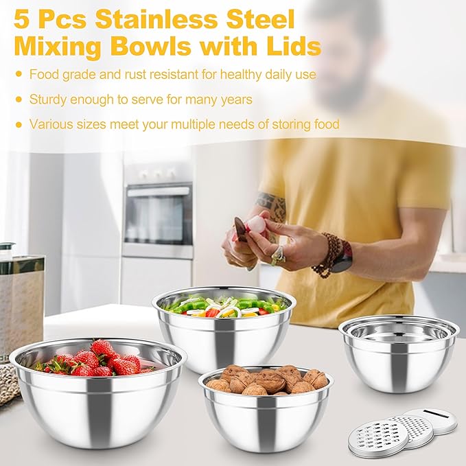 TeamFar Mixing Bowls, Stainless Steel Salad Serving Bowl with Clear Lids | with 3 Graters, For Kitchen Cooking Prepping Storing, Size 4.6/2.6/1.5/1/0.7 QT, Nesting & Airtight, Set of 5 & Multicolor