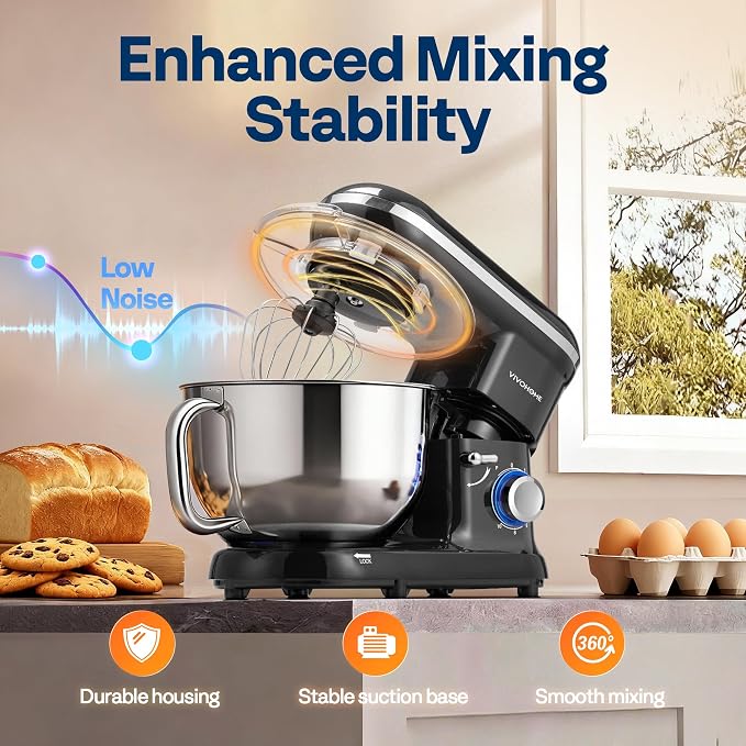 VIVOHOME Stand Mixer, 6-Quart Tilt-Head Kitchen Mixer with Bowl, Black | 10 Speeds, Dough Hook, Beater, Whisk, Splash Guard, Egg Separator, for Cake & Bread