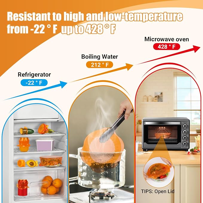 Silicone Stretch Lids for Food Storage in Fridge, Reusable Elastic Bowl Covers for Cup, Cans, Jars, Round & Rectangle Container, Food Grade Silicone Microwave Food Cover, Orange, 6PCS