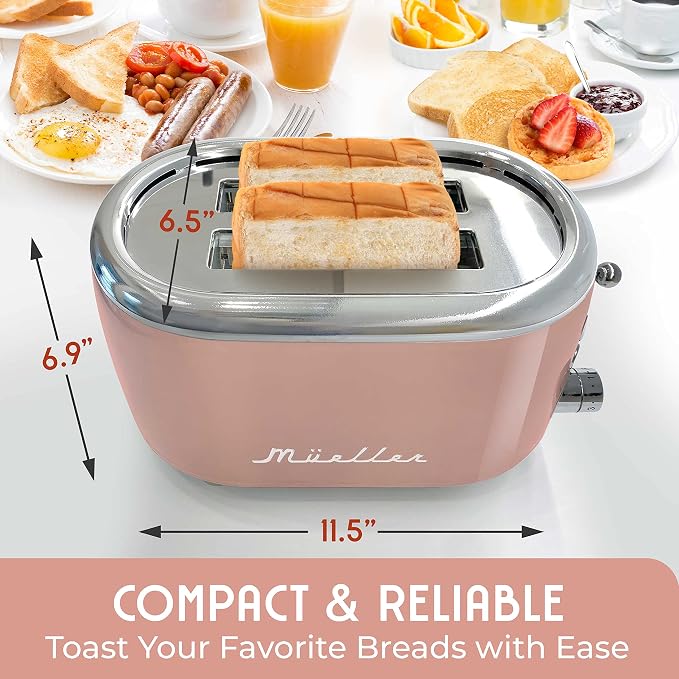 MUELLER HOME Retro Toaster 2 Slice, 7 Browning Levels | 3 Functions (Reheat, Defrost, Cancel), Stainless Steel Features, Removable Crumb Tray, Under Base Cord Storage, Pink