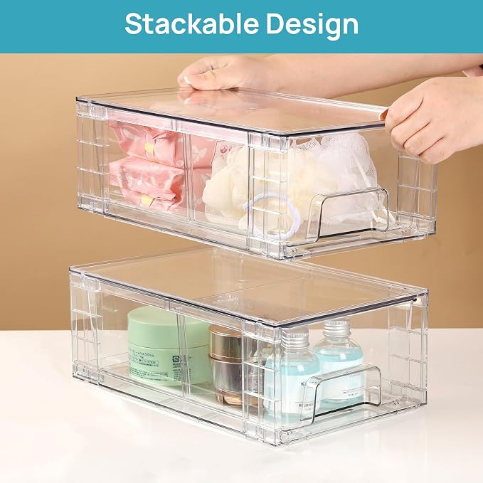 Vtopmart 10 Pack Stackable Clear Drawer with Dividers | Clear Drawer Organizers with Removable Dividers for Flexible storage. Stackable, Non-slip, for Fridge, Under Sink & Bthroom