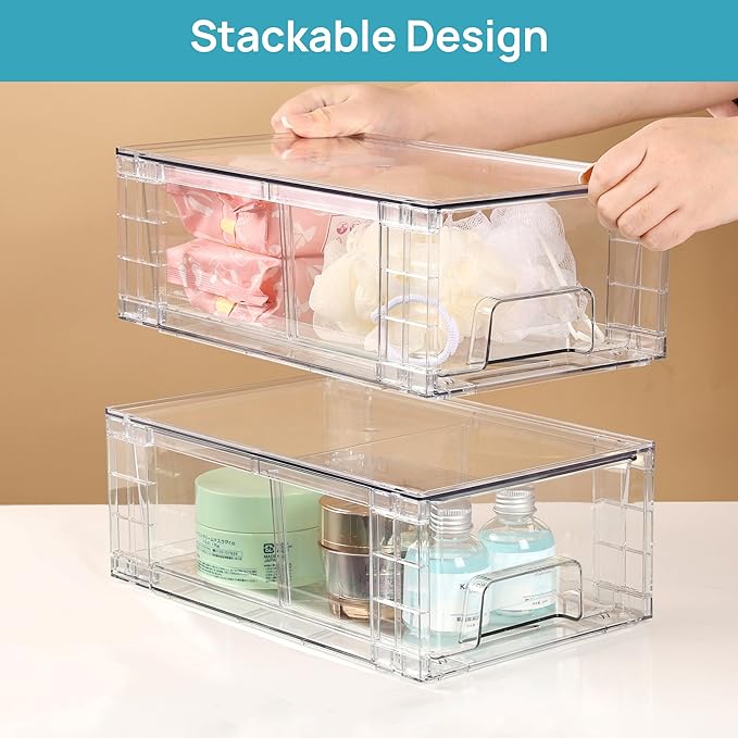 Vtopmart 6 Pack Stackable Storage Drawers,Clear Acrylic Drawer Organizers with Handles, Easily Assemble Containers for Fridge, Bathroom,Kitchen Undersink,Cabinet,Pantry Organization and Storage | Clear Drawer Organizers with Removable Dividers for Flex...