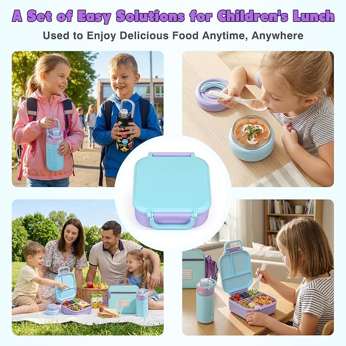 Bento Lunch Box for Kids with 7oz Soup Thermo,Insulated Stainless Steel Kids Water Bottle with Straw and Insulated Lunch Bag,Leak-Proof Lunch Food Container with Ice Pack for School(Purple)