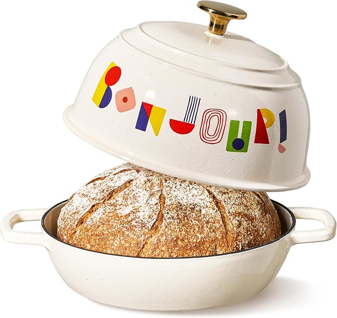 CAROTE Cast Iron Dutch Oven Pot with Lid, 5QT Round Bread Oven, Bonjour | Homemade Sourdough Bread Baking, Healthy & Non-Toxic, Dual Handles, All Stovetop Compatible, Oven Safe up to 500° F