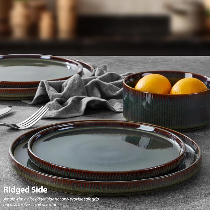 LIANYU Dinnerware Sets with Pasta Bowls, 24 Piece Ribbed Dinnerware Plates and Bowls Set for 6, Elegant Modern Stoneware Dishes Set for Kitchen Dining, Microwave and Dishwasher Safe, Jungle Green
