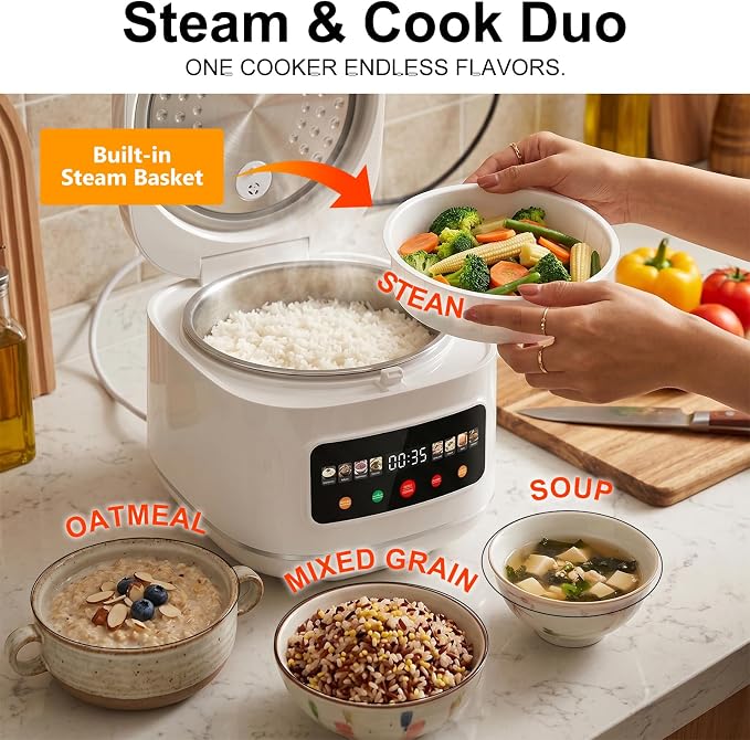 Digital Rice Cooker, 8-Cup Uncooked/16-Cup Cooked Capacity, Touch Screen with 8 Cooking Programs, Auto Keep Warm, 24-Hour Delay Timer, Non-Stick Inner Pot & Steamer Basket for White/Brown Rice, Quinoa, Oatmeal, Porridge, Soup