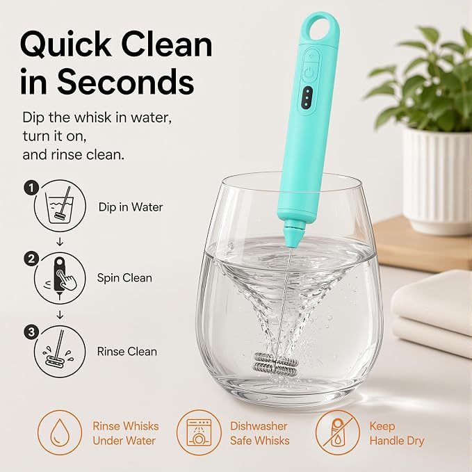 Rechargeable Milk Frother Handheld 3 Speed Coffee Foamer [3 Whisk] Electric Drink Mixer for Latte, Cappuccino, Coffee, Eggs, Hot Chocolate, Mint