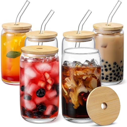 [ 6pcs Set ] Glass Cups with Bamboo Lids and Glass Straw - Beer Shaped Drinking Glasses, 16 oz Iced Coffee Glasses, Cute Tumbler Cup for Smoothie, Boba Tea, Whiskey, Water - 2 Cleaning Brushes