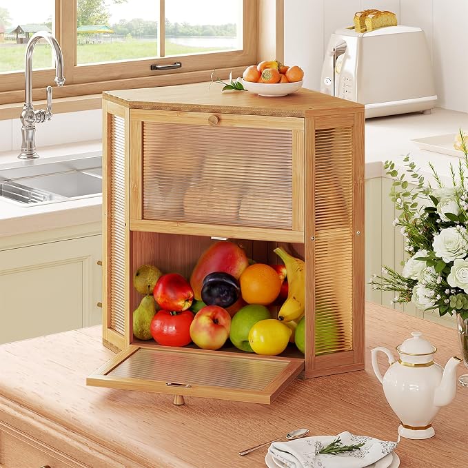 WOWLIVE Double Layer Corner Bread Box for Kitchen Countertop with 2 Doors | Bamboo Bread Storage Container, Large Farmhouse Breadbox with Acrylic Wavy, Under Cabinet Organizer, Natural, Extra Large