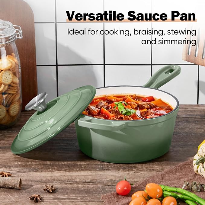 Homikit 3 Quart Saucepan with Lid, Enameled Cast Iron Sauce Pan Cooking Pot for Soup, Milk, Pasta, Nonstick Enamel Dutch Oven for All Cooktops, Heat Resistant Up to 500°F, Sage Green