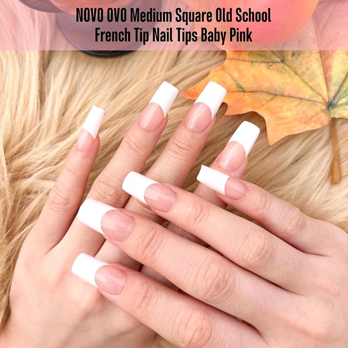 NOVO OVO Old School Retro French Tips Nails Press on, Medium Length Tapered Square BABY PINK, Extra Thick Soft Gel Fake Acrylic Extension, Need Builder Gel, Top Coat, Glue 15 Sizes 240 pcs