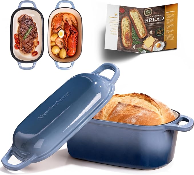 4.6-Quart Oval Dutch Oven for Bread Baking | 2 in 1 Enameled Cast Iron Bread Pan with Lid, Sourdough Baking Pan for a Crispy Crust, Seasalt