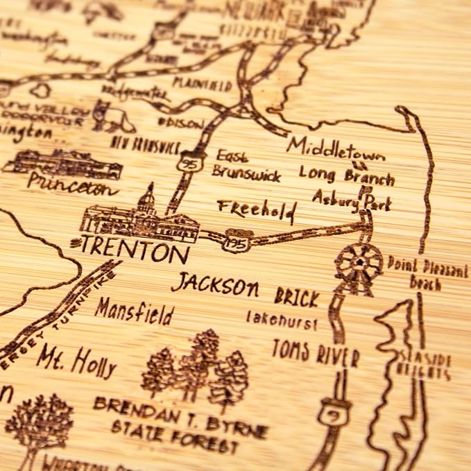 Totally Bamboo A Slice of Life New Jersey Engraved Map Cutting Board | 11” x 8.75” charcuterie board with engraved state map artwork. Smooth reverse side for food prep. Hang tie for wall display.