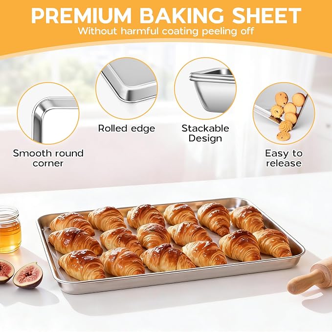Onader 4 Pack Baking Sheet Pan, 20 x 14 Inch Stainless Steel Cookie Tray | Baking Trays for Oven, Large Roasting Pan Set, Food-Grade Half Sheet Cake Pans, Heat-Resistant Dishwasher Safe