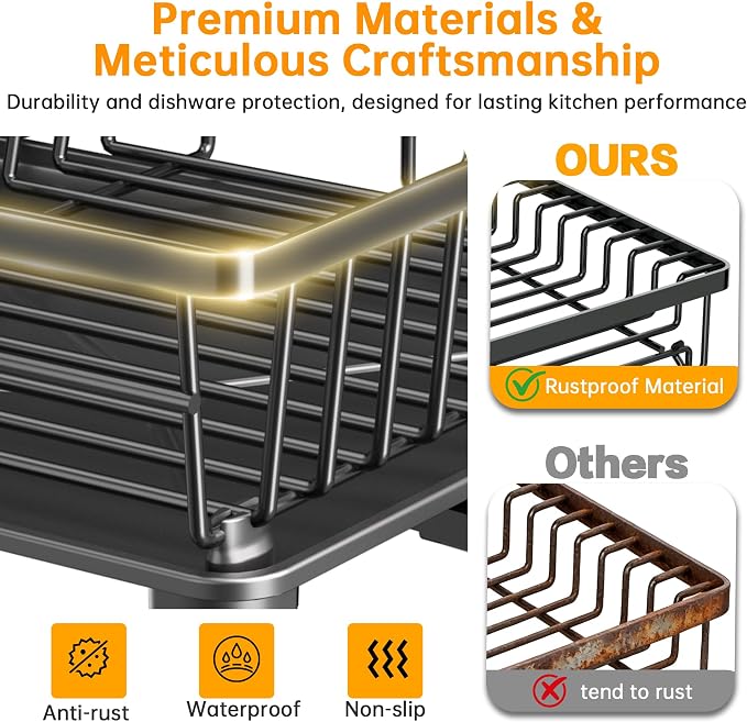 2 Tier Large Detachable Dish Drying Rack for Kitchen Counter,Black | Compact Drying Rack Kitchen, Rust-Resistant Dish Drainer Organizer, Space-Saving Dish Racks with Drainboard, Utensil Holder