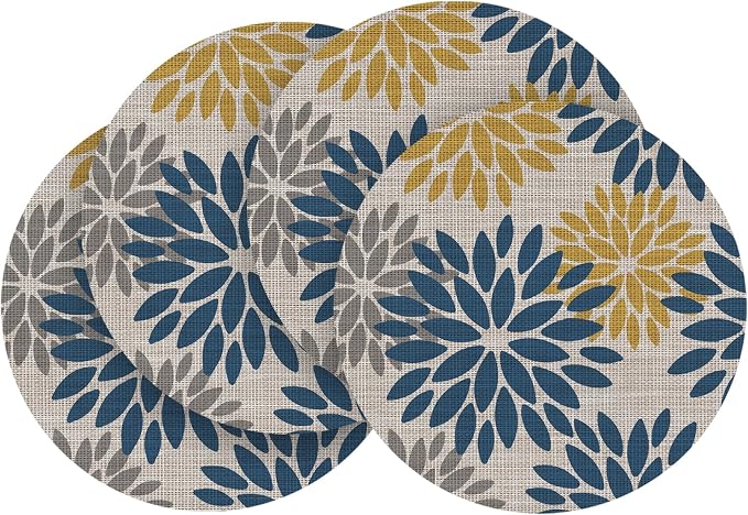 Artoid Mode Navy Yellow Dahlia Plastic Round Placemats Set of 4, 14 Inch Seasonal Wipeable Woven Vinyl Table Mats for Farmhouse Party Kitchen Dining Decor