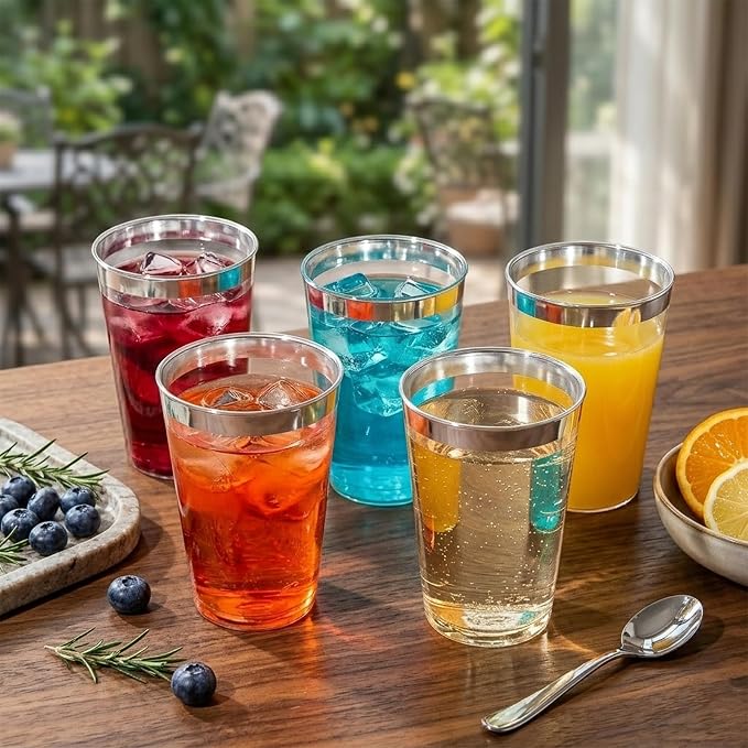Byvivace 200 Pack 12oz Silver Plastic Cups with Rimmed Edges - Disposable, Recyclable, BPA Free, Food Safe, Modern Style, Perfect for Parties, Weddings, Birthdays, Festivals, 12oz Capacity Each