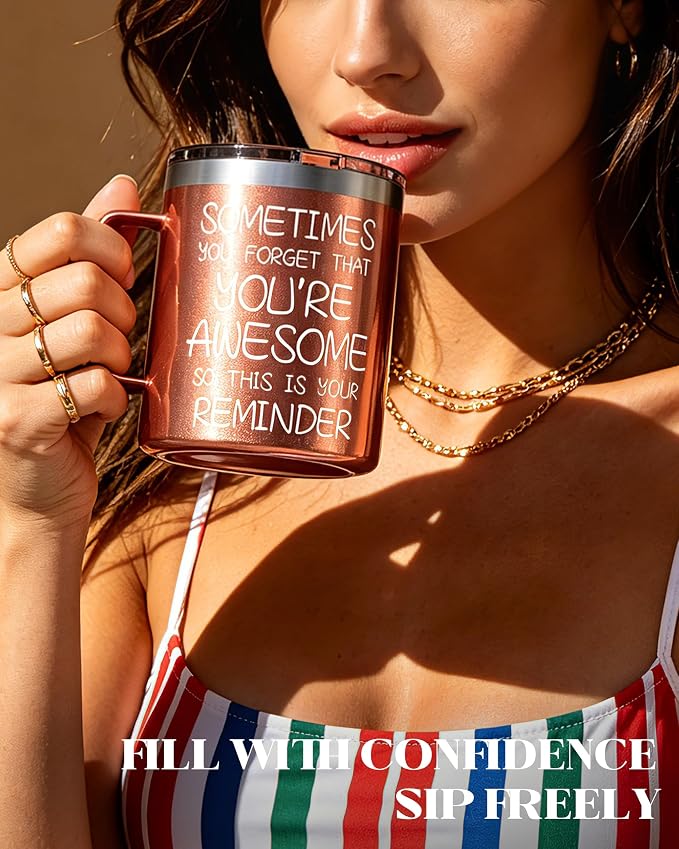 Inspirational Coffee Mug for Women, 12oz Insulated Stainless Steel Mug with Handle & 2 Lids – Sometimes You Forget You’re Awesome, Birthday & Appreciation Gift for Mom, Friend, Rose Gold