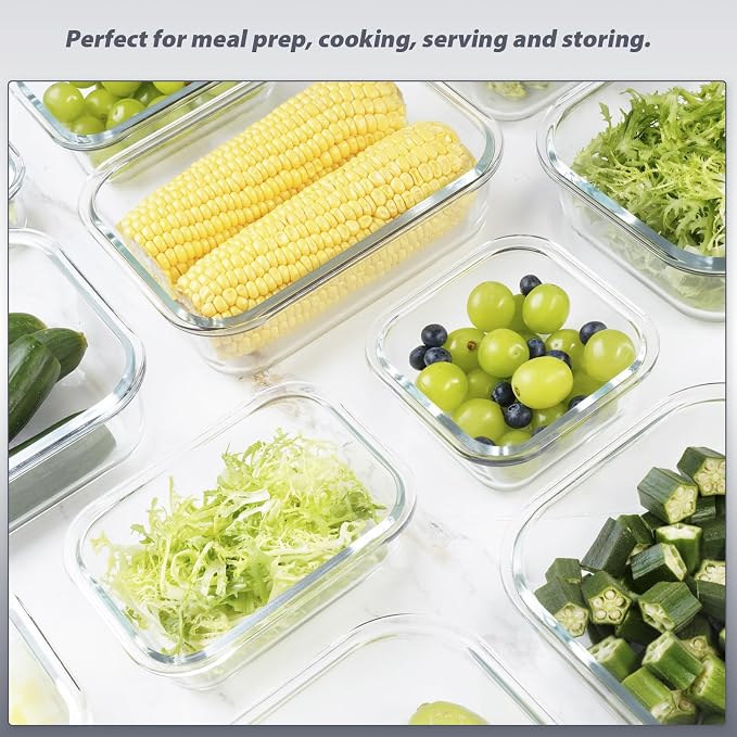 AILTEC 12 Pack Glass Meal Prep Containers Set, Airtight Snap Lids, 4 Sizes | 35.5/27.1/12.5/10.8oz, Leak Proof, BPA-Free, Microwave, Oven, Freezer & Dishwasher Safe, For Meal Prep, Leftovers & Lunch