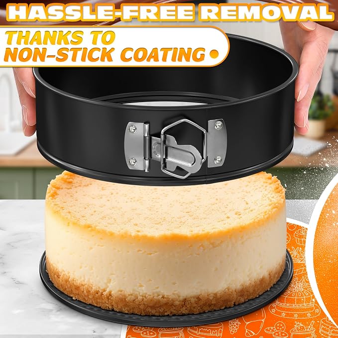 BURIUS Springform Pan Set of 3, 4 7 9 Inch Nonstick Round Cheesecake Pans | Leak-Resistant Sides and Removable Bottoms Release Cheesecakes Cleanly - Easy-Open Latch, Plus 60 Parchment Liners Included