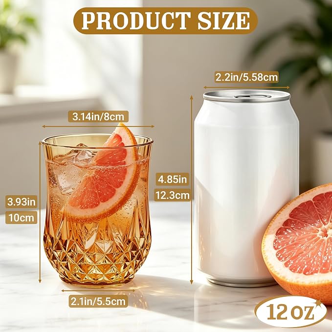 24 Pack 12 Oz Plastic Stemless Wine Glasses, Amber | Unbreakable, Reusable, Elegant Vintage Design, Fancy Cocktail Cups, Whiskey, Champagne, Wedding, Party, Bars, Holiday Events