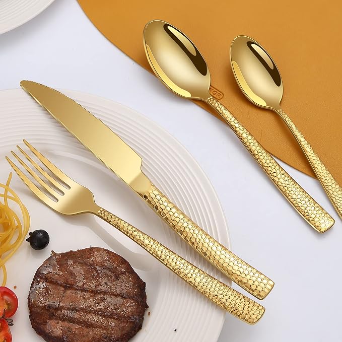 Remoxye 40-Piece Silverware Set, Gold Hammered Stainless Steel Flatware Sets for 8, Food-Grade Tableware Set, Including Fork Knife Spoon Set, Durable Home Kitchen Cutlery Sets, Dishwasher Safe, RX357