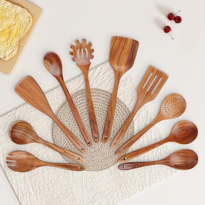 Mooues Wooden Spoons for Cooking, Wooden Utensils for Cooking Natural Teak Wooden Kitchen Utensils Set Comfort Grip (10 PCS SET) | Wooden Spoons for Cooking with Comfort Grip, Smooth Durable Heat Resistant Cooking Spoons and Cooking Utensils for Cooking