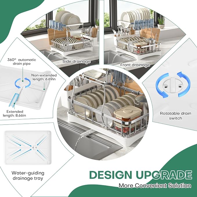 2 Tier Dish Drying Rack,Stainless Steel Dish Rack For Storing Knife Fork Pots&Pans,Dish Drying Rack With Drain Tray For Kitchen Countertops/Sinks,Silver Tiered Dish Rack With Retractable Drain Outlet