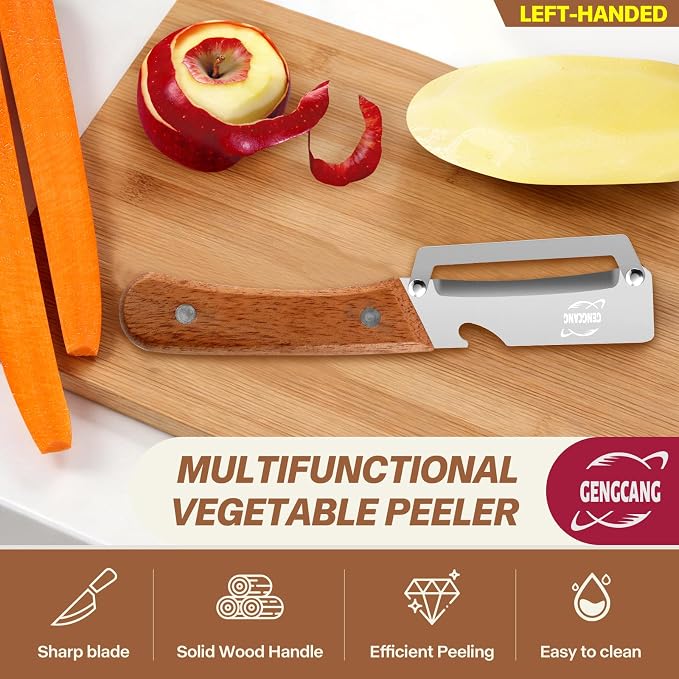 MultiFunctional Vegetable Peeler, Non-Slip Wooden Handle with Sharp Stainless Steel Blade, Built-in Bottle Opener - Perfect Kitchen Peeler For Veggie, Fruit, Potato, Carrot, Apple