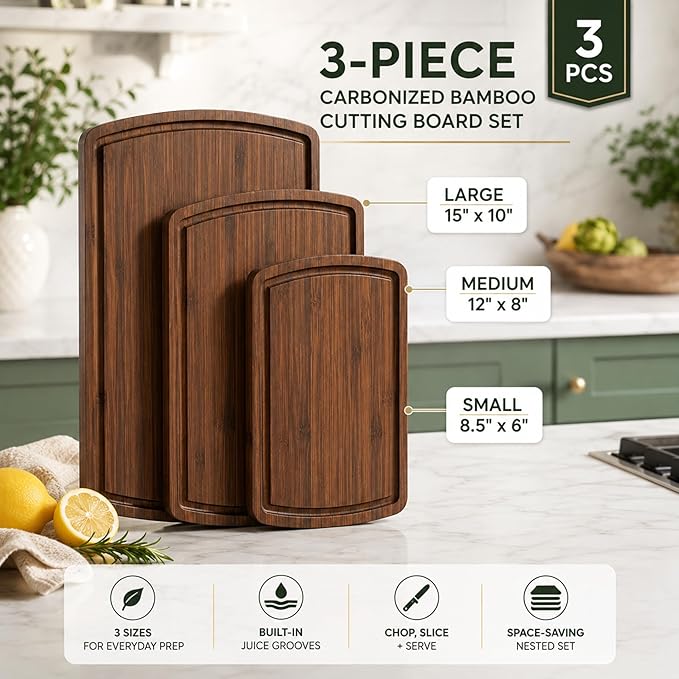 Bamboo Cutting Boards for Kitchen, Non Toxic Wooden Chopping Board Set | Carbonized Dark Color, Deep Juice Groove, Knife-Friendly, Side Handles, Reversible, for Meat, Veg, Fruit, Cheese