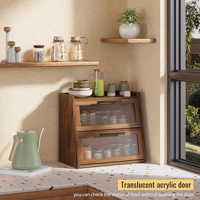 Bread Box for Kitchen Counter,Wooden Double Layer Countertop Bread Storage | Bread Holder Container Bin with Window for homemade bread; Acacia Wood Construction with Metal Handles