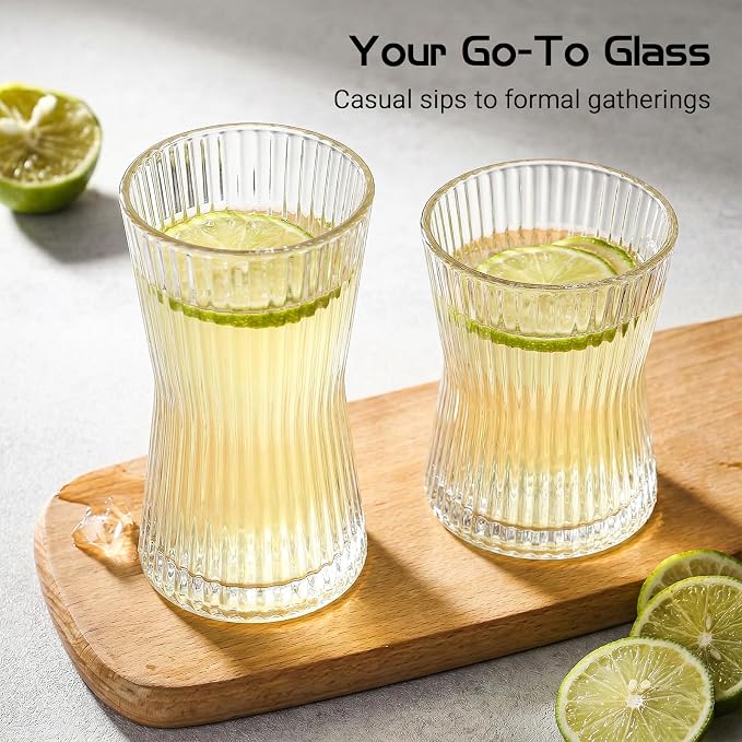 JOVGANK Drinking Glasses Set of 8 – Lead-Free Crystal Glassware, 4 Tall 10oz & 4 Short 8.5oz Vintage Ribbed Tumbler Glasses, Dishwasher Safe, for Juice Beer Cocktails, Great Housewarming Gift, Set B