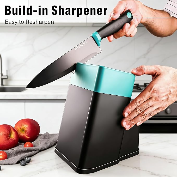 14 Pcs Kitchen Knife Block Set with Sharpener (Green) | German High Carbon Stainless Steel Chef Knives, Ultra Sharp & Durable. Lightweight Anti-Slip Handle, Great For Home Cooking