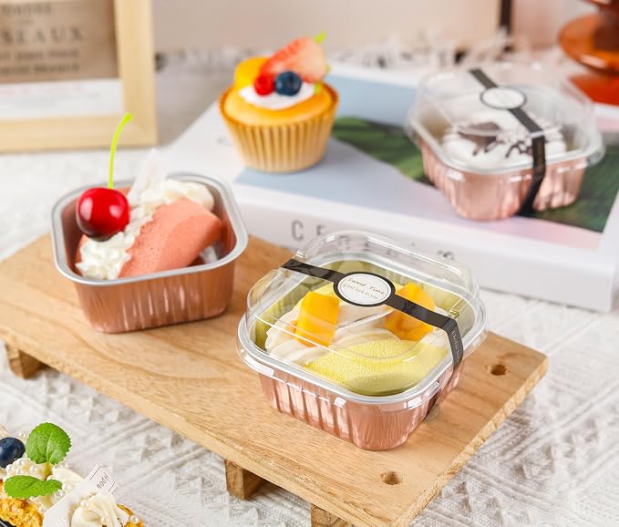 NPLUX Square Foil Cups with Lids, 50 Pack Champagne 5oz for Weddings | Fits tartlets, pudding desserts, loaf slices and sweet samples; compact shape makes tray planning easier.