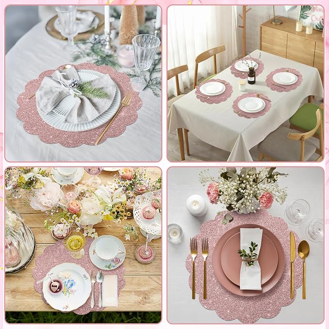 60Pcs Rose Gold Glitter Paper Placemats, Disposable Scalloped Placemat | 13.5 Inch Round Sparkle Table Place Mats Decorative Paper for Baby Shower Tea Garden Party Wedding Birthday Banquet