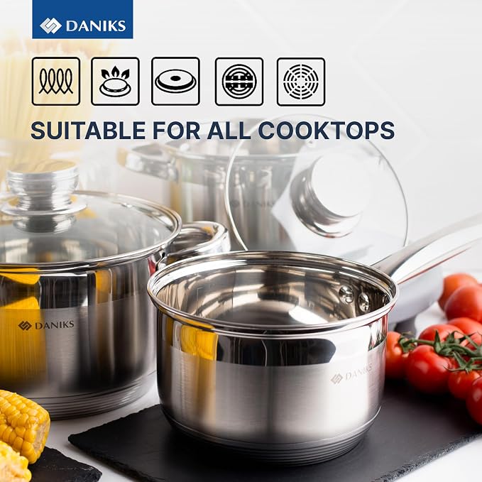 Daniks Standard 11-Piece Stainless Steel Cookware Set with Glass Lids, Includes Saucepan with Lid and Frying Pan, Tri-Ply Bases for Even Heating, Induction Compatible, Dishwasher Safe, Silver