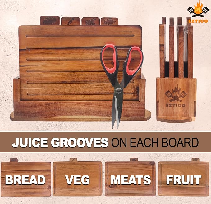 Acacia Wood Cutting Board Set with Scissors and Stand.