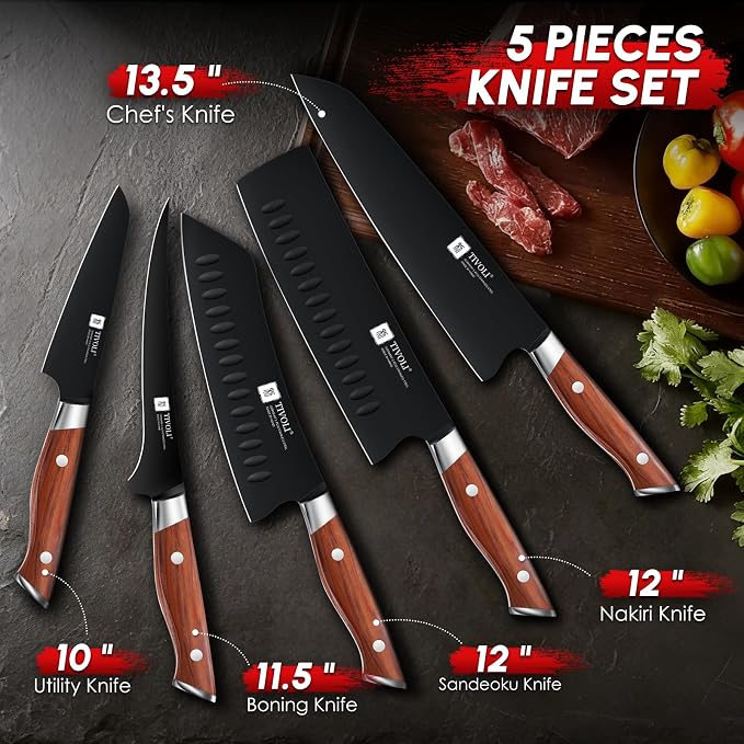 TIVOLI Chef Knife Set, Professional 5PC Ultra Sharp Knife Set | German High Carbon Stainless Steel, Full Tang Ergonomic Wood Handle, Gift Box, Stain Resistant & Easy to Clean, for Cooking