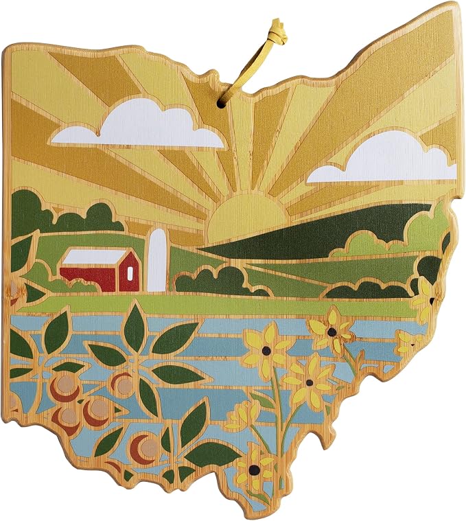 Totally Bamboo Ohio State Shaped Cutting Board, Summer Stokes Art | State charcuterie board with colorful hand-drawn landscape art. Smooth reverse side for food prep. Hang tie for wall display.