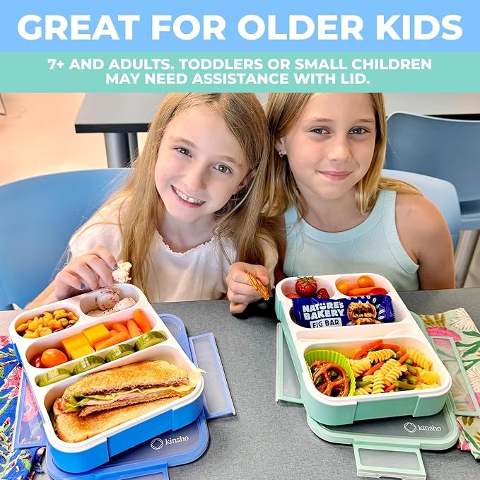 kinsho Bento Lunch-Box for Adults Kids Lunches, Portion Control Container Boxes for Women Girls Boys | Leak-Proof Snack Containers, BPA-Free Utensils 5 Compartments | Blue & Green 2 Pack Set