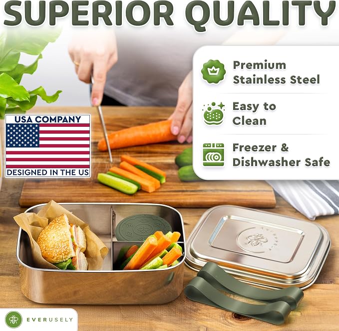 Stainless Steel Bento Box + Condiment Container - Sage, 60oz / 1.8 L | Everusely extra large metal lunch box, leakproof sauce container, 3 compartment snack organizer, freezer & dishwasher safe