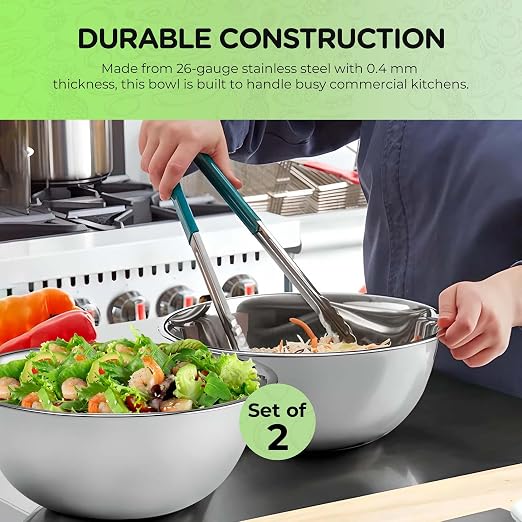 OCS Parts 2-Pack 5 Quart Mixing Bowls | 11.25-Inch Stainless Steel | Professional Grade Flat Base Mixing Bowls for Home and Commercial Kitchens | Dishwasher Safe