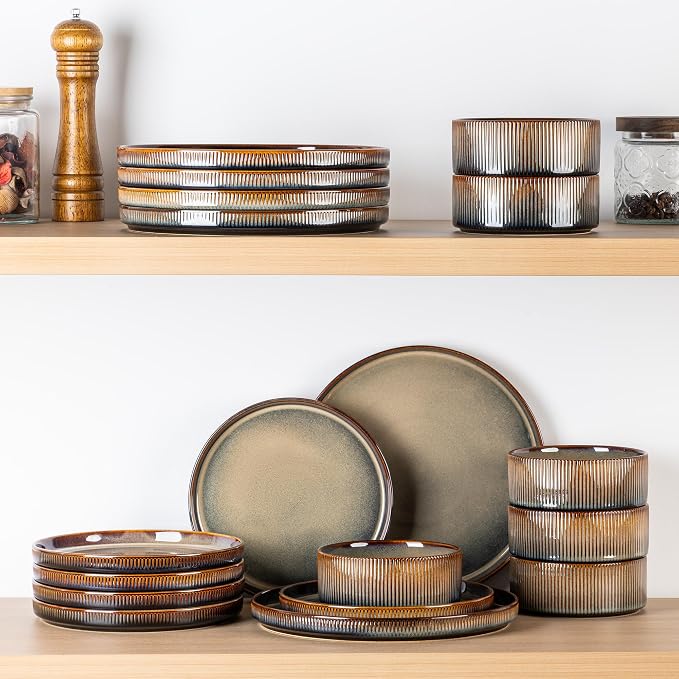 Ceramic Dinnerware Set for 4, 12-Piece Plates and Bowls Set | Lightweight Porcelain Dish Set, Scratch Resistant, Oven & Microwave & Dishwasher Safe, Brown