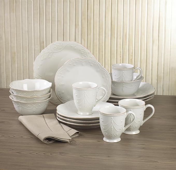 Lenox French Perle White Stoneware 16-Piece Dinnerware Set for 4 | dishwasher safe, microwave safe | plates and bowls sets for kitchen and dining, dish set, dishes, gift for women