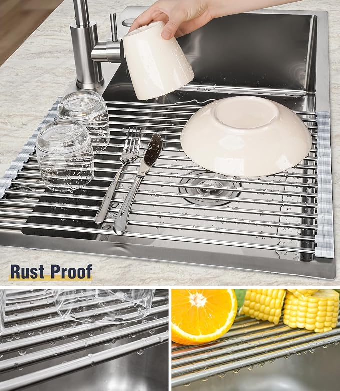 Tomorotec Roll Up Dish Drying Rack Over Sink, 304 Steel, 17.7x12.5, Marble | Anti-Slip Silicone Rims For Grip, Heat-Resistant Trivet Mat Holding Heavy Cookware, Rustproof Kitchen Counter Space Saver