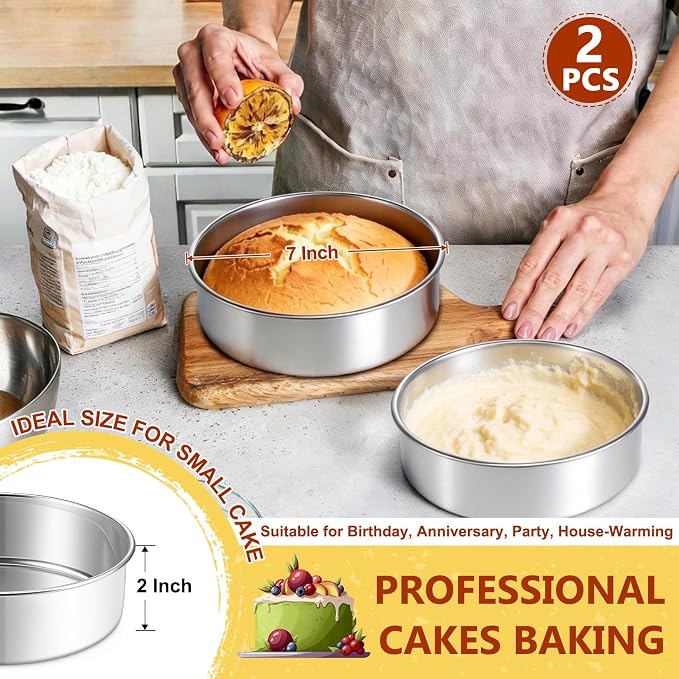 P&P CHEF 7 Inch Cake Pan Set of 2, Stainless Steel Round Cake Baking Pan | Layer Cake Tin Bakeware for Cooking Steaming, Ideal for Birthday Wedding Anniversary, Fit for Home & Commercial Use