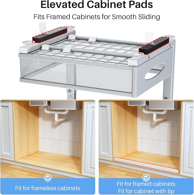 Under Sink Organizer, 2 Pack 2 Tier Pull Out Under Cabinet Organizer Shelf with Pad for Framed Cabinets, Metal Slide Out Under Sink Storage, Mesh Sliding Drawers for Kitchen Bathroom Laundry, Grey