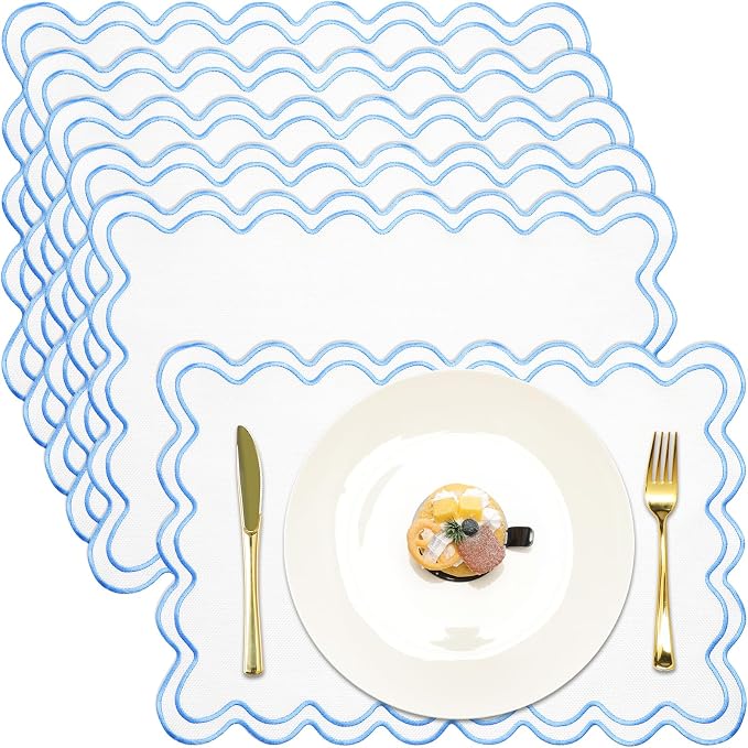 HunnmingRe White with Blue Set of 6 Cotton Linen Wedding Placemats, 13x19 Inch Scalloped Wavy Embroidery Placemat Double Layered Washable Rustic Rectangle Dinner Table Mat for Home Decor