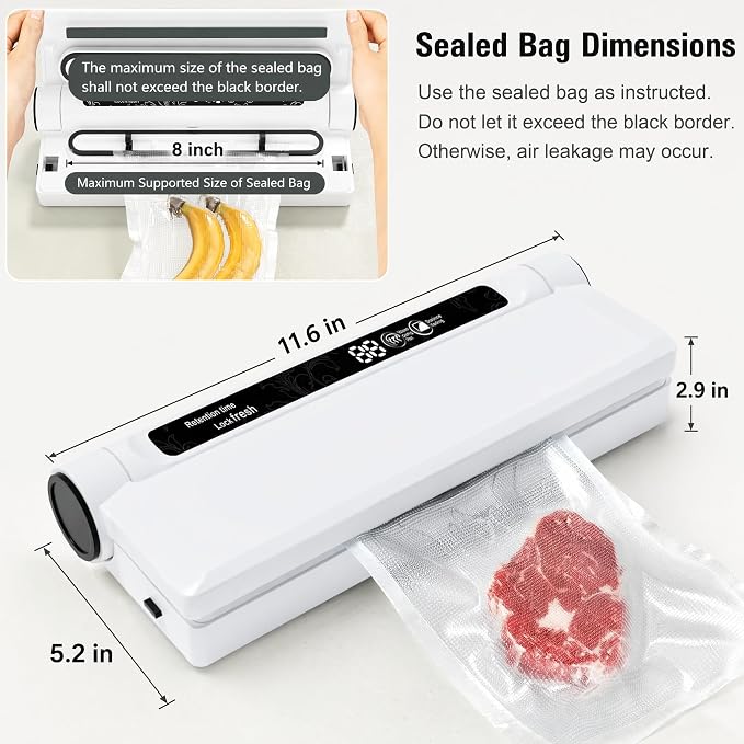 Compact Vacuum Sealer for Food, 75Kpa Food Sealer Machine | 75 Kpa Strong Suction, LED Display, Dual Use for Dry & Wet Foods, with 20 Bags, Ideal for Home Kitchen, White